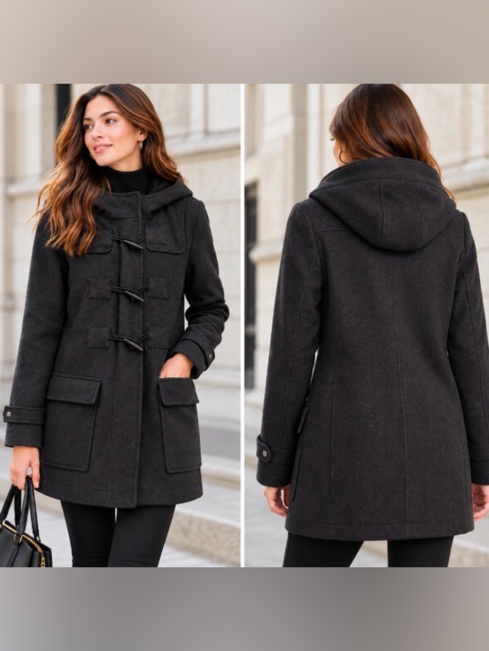 219. Women's Charcoal Hooded Toggle wool  Coat